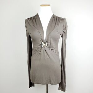 Vertigo Paris Deep V-Neck Brown Top with Snake Brooch - Size Large